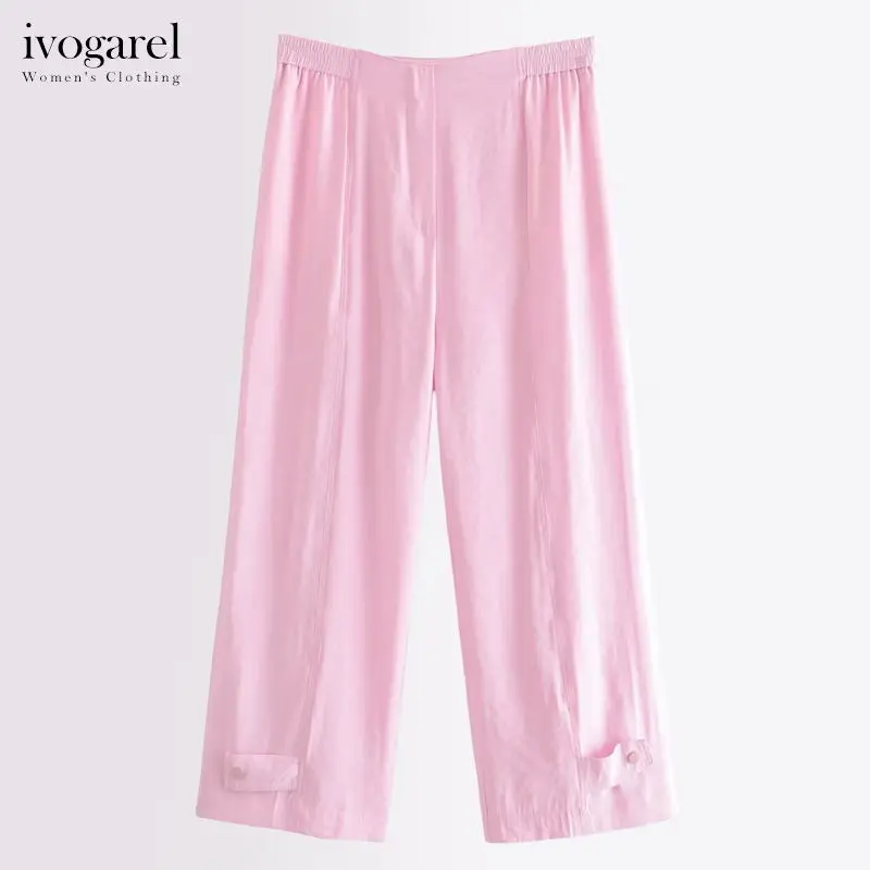 

Ivogarel Pink High-Waist Elasticated Trousers Women's Summer Casual Pants with Adjustable Tab Home Clothing Traff Style 2023