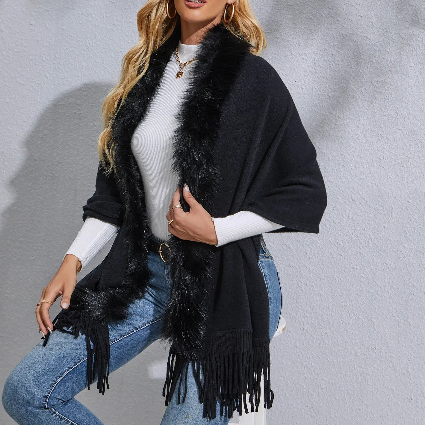 

Fur Collar Winter Shawls And Wraps Bohemian Fringe Oversized Womens Winter Ponchos And Capes Batwing Sleeve Cardigan
