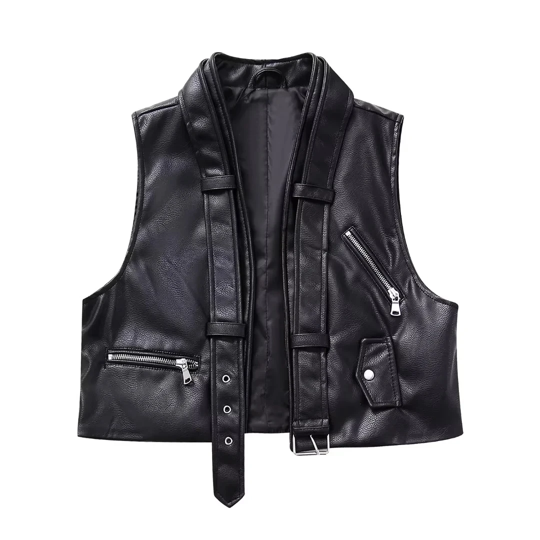 

TRAF Woman Cropped Faux Leather Vest Vintage Black Sleeveless Jacket Woman Waistcoat Streetwear Woman's Moto Biker Zipper Jacket