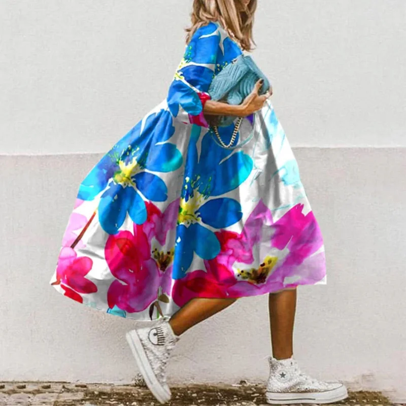 Женское платье-трапеция с круглым вырезом, цветочным принтом и полурукавом
Женское платье-трапеция с круглым вырезом, цветочным принтом и полурукавом