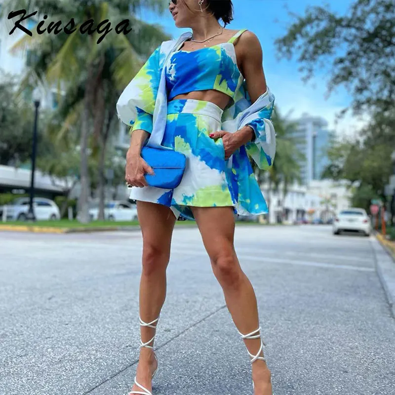 Summer Tie Dye Print Suspender Shirt Shorts 3 Piece Set Women Green Long Sleeve Cardigans+camis+zipper Shorts Tracksuits Outfits
Summer Tie Dye Print Suspender Shirt Shorts 3 Piece Set Women Green Long Sleeve Cardigans+camis+zipper Shorts Tracksuits Outfits