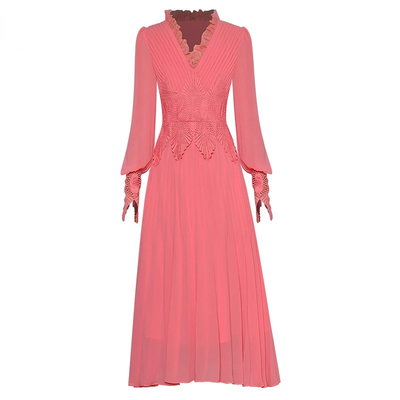 Dresses For Women 2023 Runway Luxury Designer High Quality Spring V-neck Lantern sleeve Draped Lace Patchwork Pleated Pink Dress
Dresses For Women 2023 Runway Luxury Designer High Quality Spring V-neck Lantern sleeve Draped Lace Patchwork Pleated Pink Dress