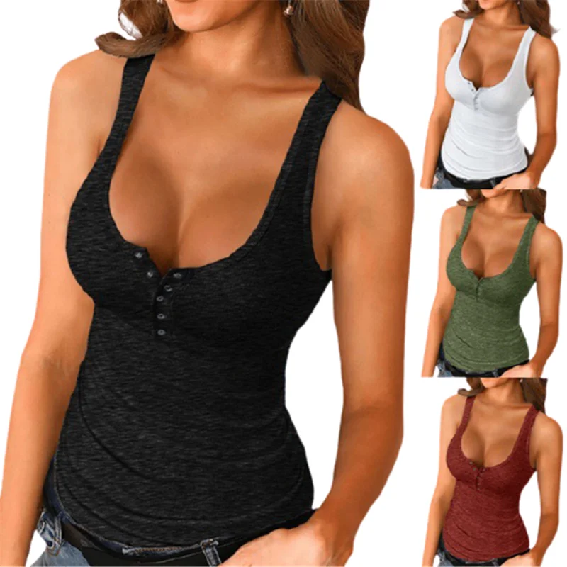Sexy Low Cut Half Open Buckle Cotton Polyester T-shirt Vest Summer Women Solid White Tops Street Slim Hot saleSleeveless Tank 
Sexy Low Cut Half Open Buckle Cotton Polyester T-shirt Vest Summer Women Solid White Tops Street Slim Hot saleSleeveless Tank