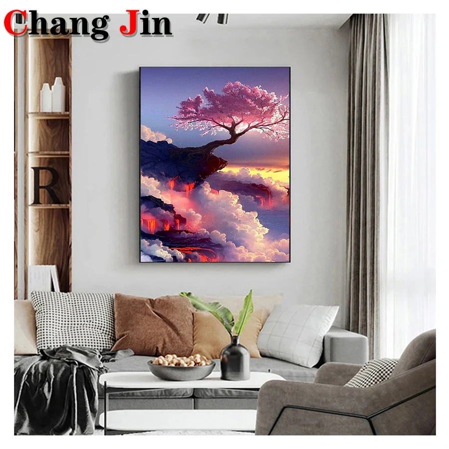 

5D Diy Diamond Painting Cherry Tree Cross Stitch Kit Sunset In The Sea Of Clouds Diamond Embroidery Mosaic Home Decoration Gifts