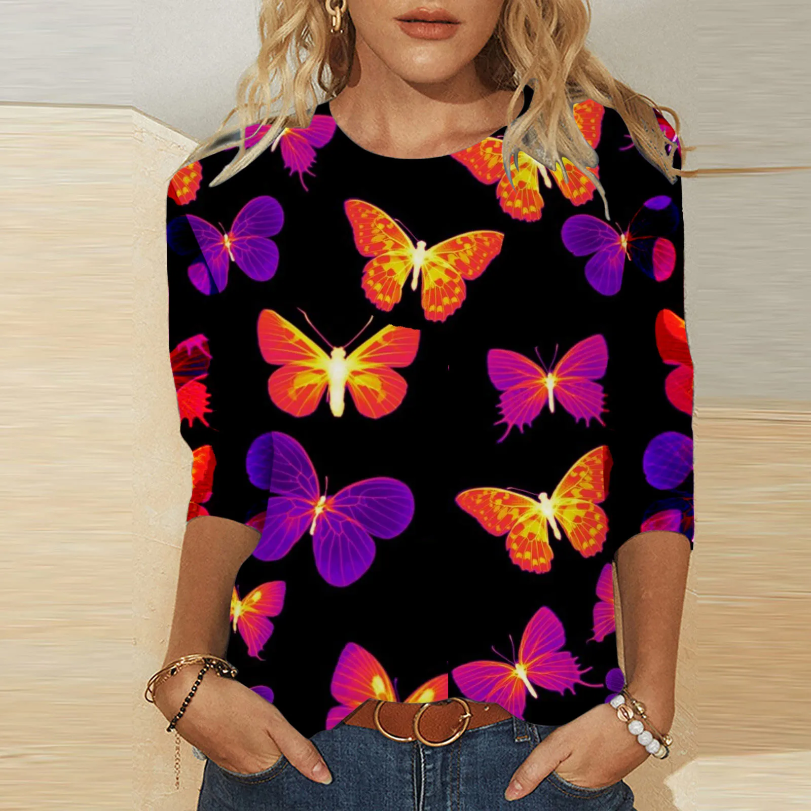 Womens Summer Print O Neck Tops Three Quarter Sleeve Round Neck Tee Shirt Printed Flower Loose Side Womens Shirts Long Sleeves
Womens Summer Print O Neck Tops Three Quarter Sleeve Round Neck Tee Shirt Printed Flower Loose Side Womens Shirts Long Sleeves