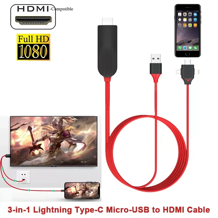 3-in-1 Lightning Type C Micro USB to HDMI Cable Adapter 1080P Digital AV Converter for IPhone Android To TV Projector
3-in-1 Lightning Type C Micro USB to HDMI Cable Adapter 1080P Digital AV Converter for IPhone Android To TV Projector