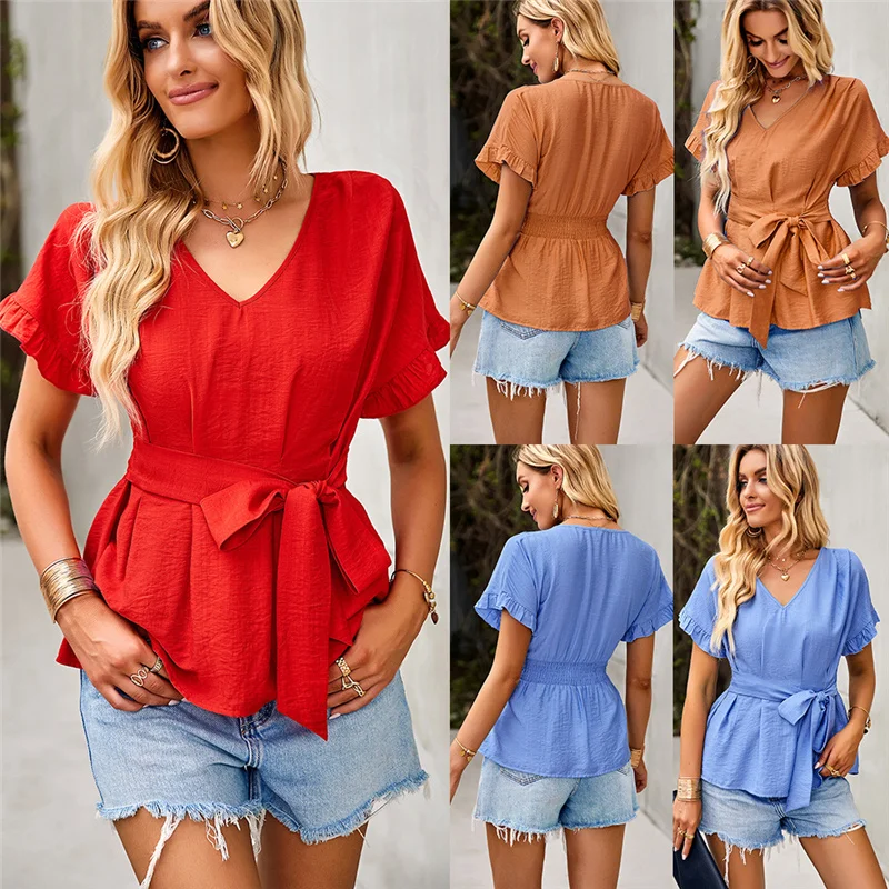 2022 New Women Summer V Neck Short Sleeve Solid Color High Waist Lace Up Slim Chic Blouses For Fashion
2022 New Women Summer V Neck Short Sleeve Solid Color High Waist Lace Up Slim Chic Blouses For Fashion