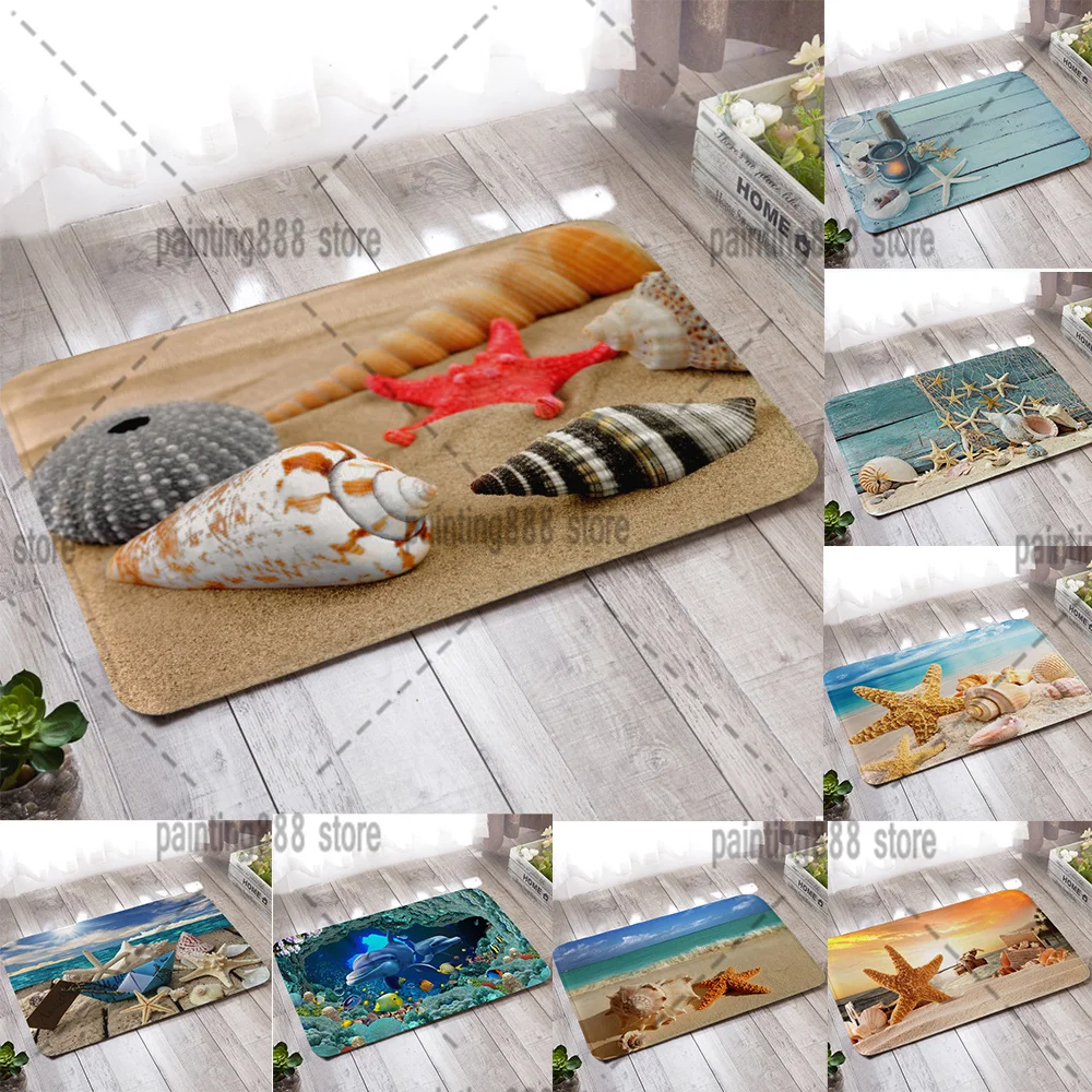 

3D Flannel Ocean Printing Door Mat Non-slip Floormat Bedroom Seashell Starfish Conch Carpet Floormat Home Decoration