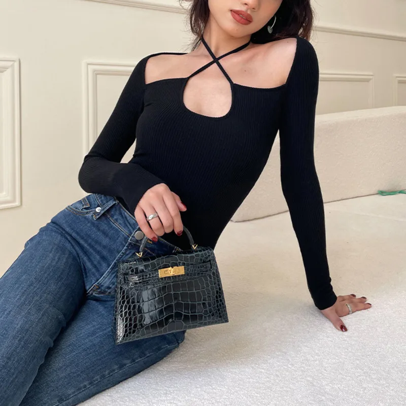 Sexy Halter Neck Hollow Out Women Knit Sweater Spring Summer Square Collar Long Sleeve Lace-up Slim Solid Female Tops 2022 Black
Sexy Halter Neck Hollow Out Women Knit Sweater Spring Summer Square Collar Long Sleeve Lace-up Slim Solid Female Tops 2022 Black