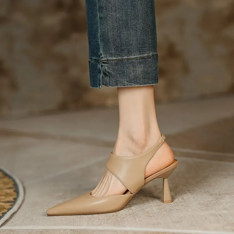 

Женские босоножки, новинка 2023, босоножки на высоком каблуке-шпильке с острым носком и открытой спиной, однотонная женская обувь в римском стиле
