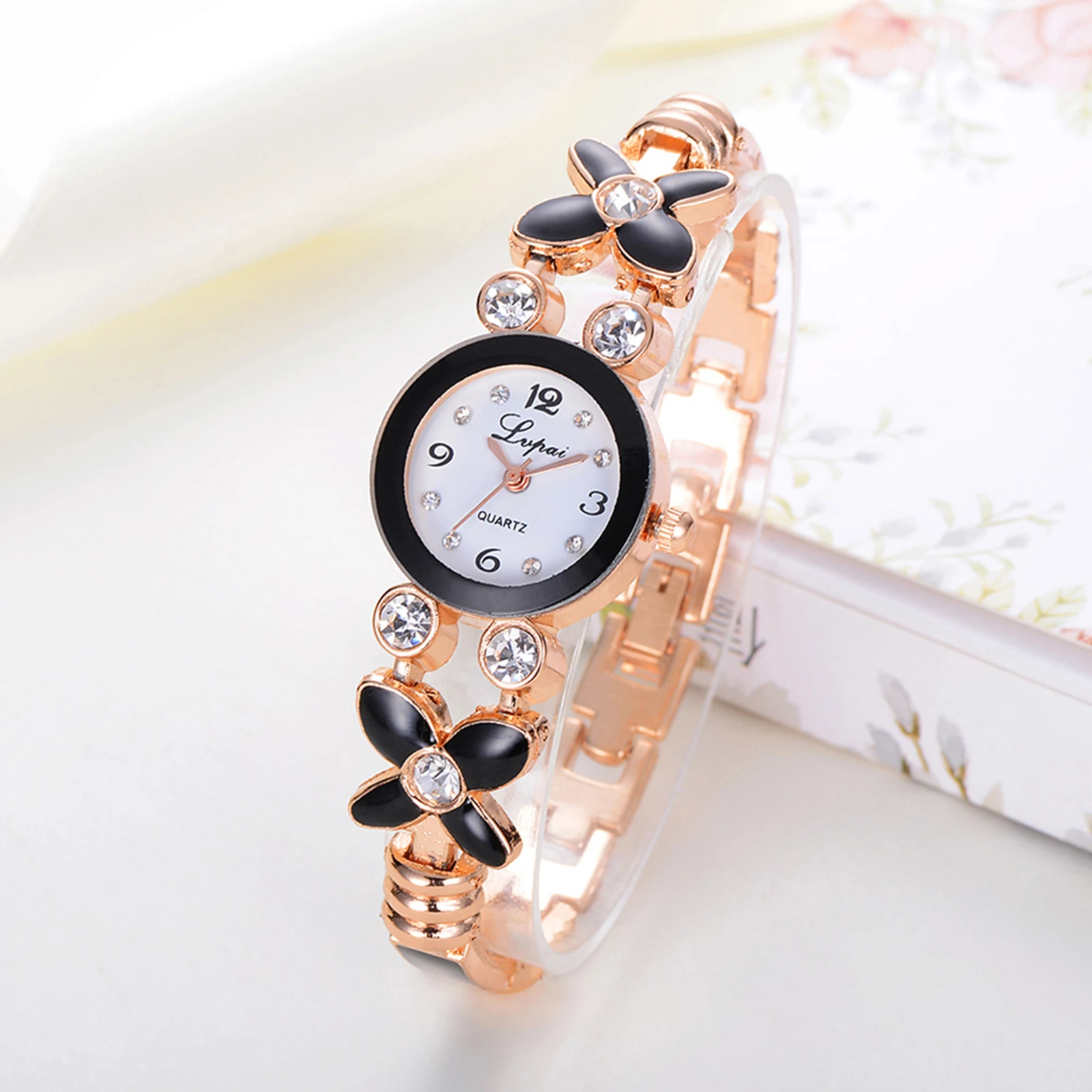 

Quartz Watch Women Flower Rhinestone Analog Quartz Wristwatch Elegant Brilliant Decorative Rhinestone Digital Wristband Clock