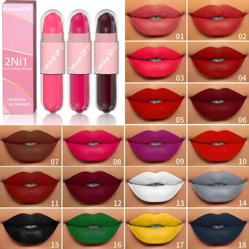 

18 Colors Lipstick Lip Gloss 2in1 Lip Tint Waterproof Long -lasting Moisture Red Sexy Lip Matte Velvet Lipstick Makeup For Women