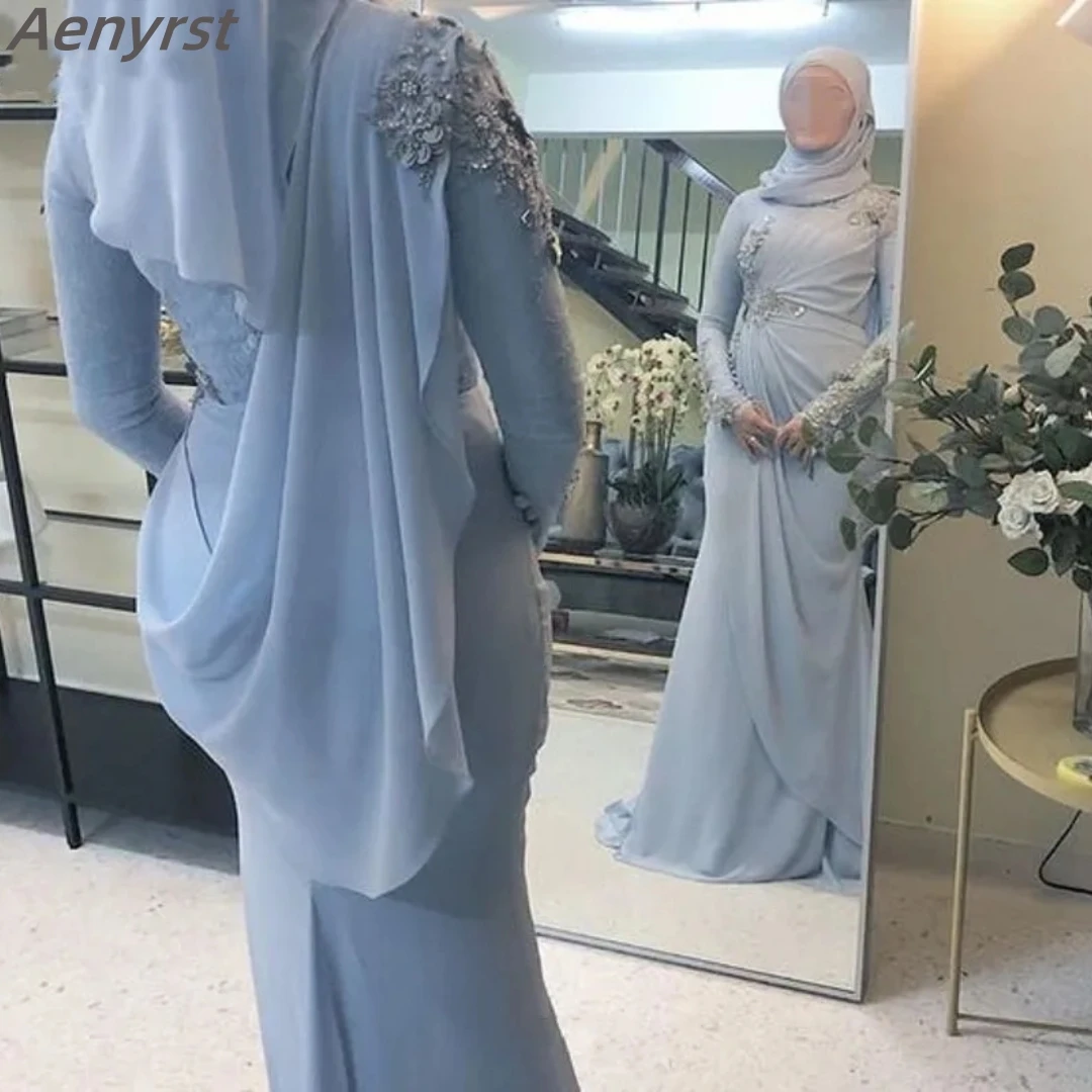 Aenyrst Dubai Kaftan Arabic Light Blue Mermaid Formal Evening Dress Long Sleeves Appliques Beads Lace Chiffon Muslim Prom Gowns
Aenyrst Dubai Kaftan Arabic Light Blue Mermaid Formal Evening Dress Long Sleeves Appliques Beads Lace Chiffon Muslim Prom Gowns