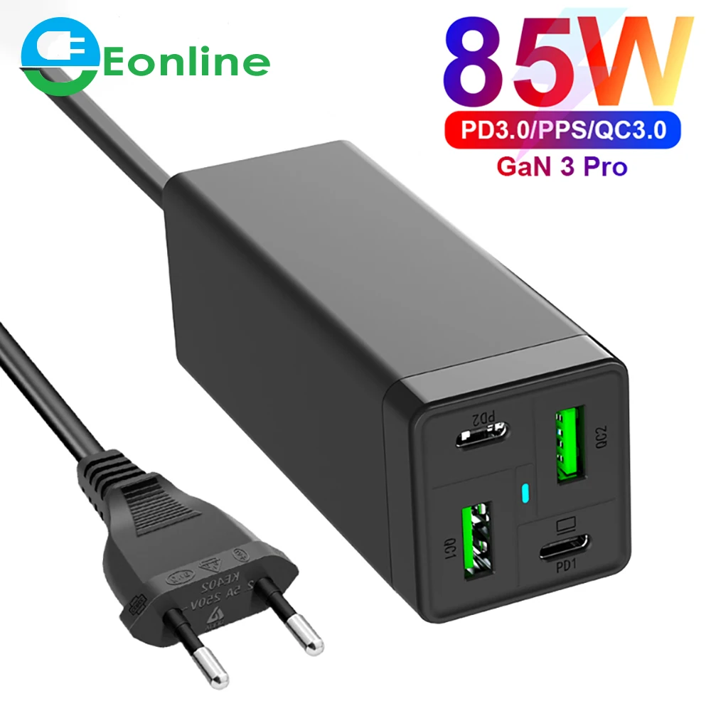 

4-Port 85W GaN USB C Fast Charger, PD 65W PPS 45W 20W QC3.0 Power Adapter Supply For MacBook Laptop iPhone Xiaomi Samsung