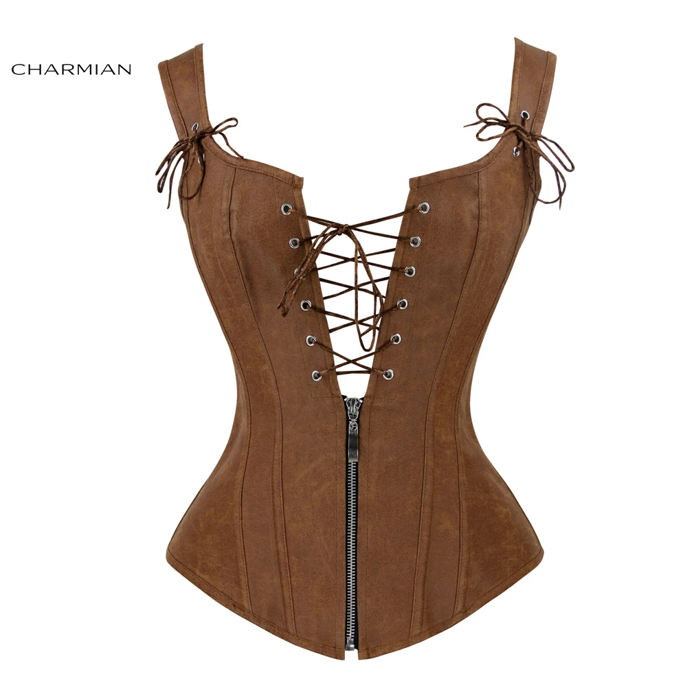 Charmian Faux Leather Sexy Brown Zipper Steampunk Overbust Lace Up Back Vest Corset Corselet Espartilhos for Women
Charmian Faux Leather Sexy Brown Zipper Steampunk Overbust Lace Up Back Vest Corset Corselet Espartilhos for Women