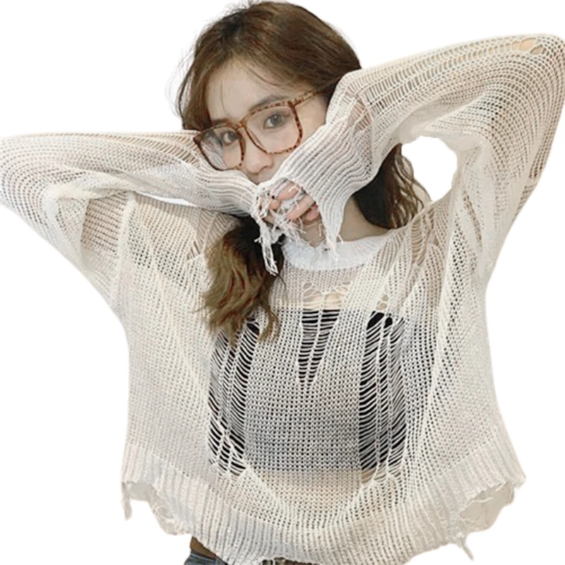Women Gothic Punk Hollow Out Hole T-Shirt Harajuku Ripped Frayed Trim Long Sleeve Crop Top Solid Color Loose Broken Knit Mesh
Women Gothic Punk Hollow Out Hole T-Shirt Harajuku Ripped Frayed Trim Long Sleeve Crop Top Solid Color Loose Broken Knit Mesh