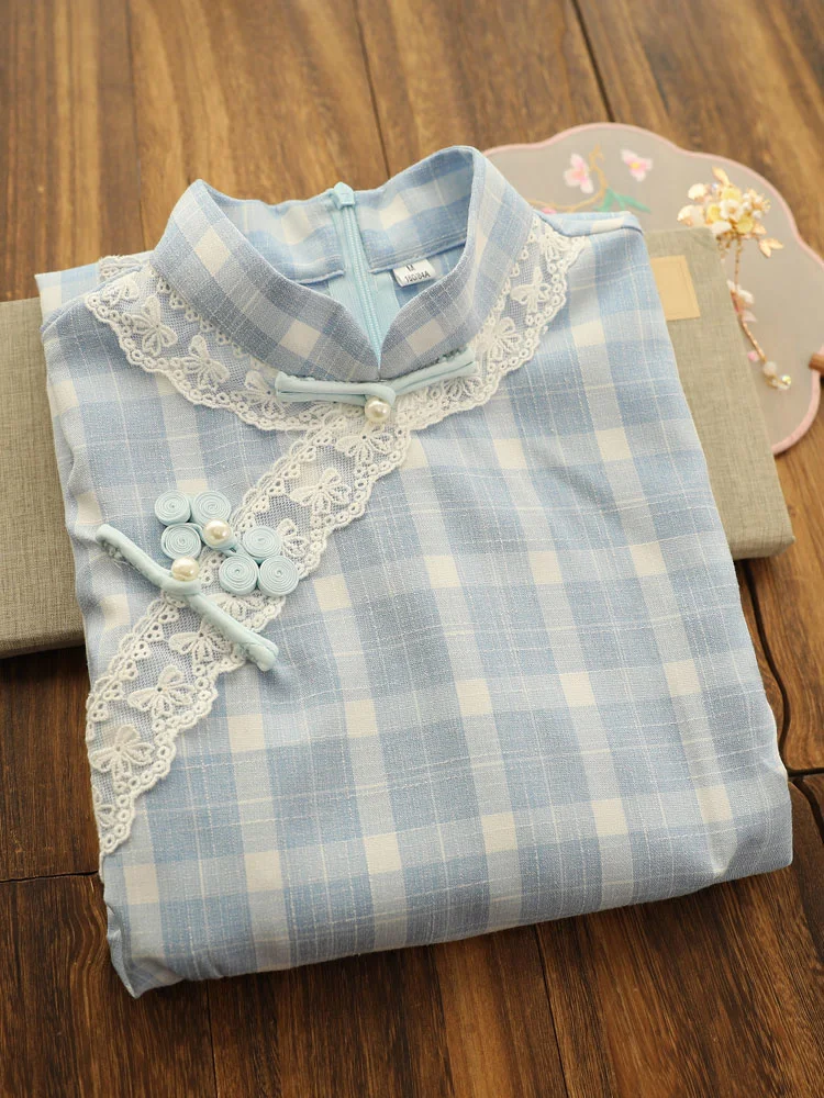 Chinese Summer Traditional Cheongsam Dress Women Girls Retro Qipao Bodycon Sexy Short Sleeve Vintage Fashion Blue Plaid Dress
Chinese Summer Traditional Cheongsam Dress Women Girls Retro Qipao Bodycon Sexy Short Sleeve Vintage Fashion Blue Plaid Dress