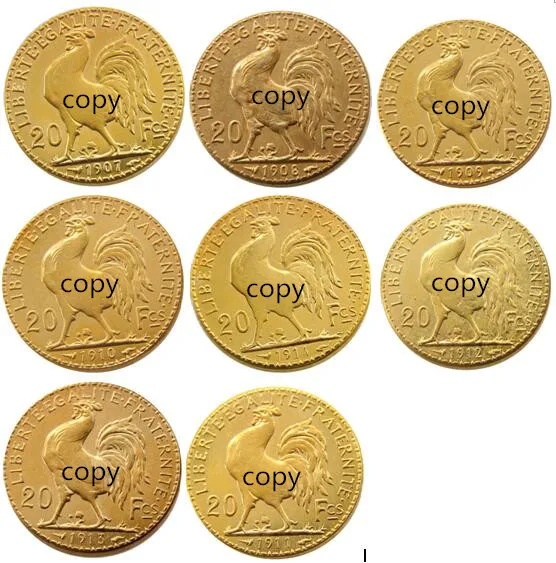 

France Rooster 20 Francs A Set Of(1907-1914) 8pcs Gold Plated Copy Coins