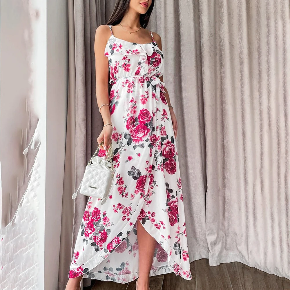 Summer Women Retro Floral Chiffon Sling Dress Elegant Lace-up Waist Boho Dress Sexy Fashion Slit Sleeveless Woman Midi Dresses 
Summer Women Retro Floral Chiffon Sling Dress Elegant Lace-up Waist Boho Dress Sexy Fashion Slit Sleeveless Woman Midi Dresses