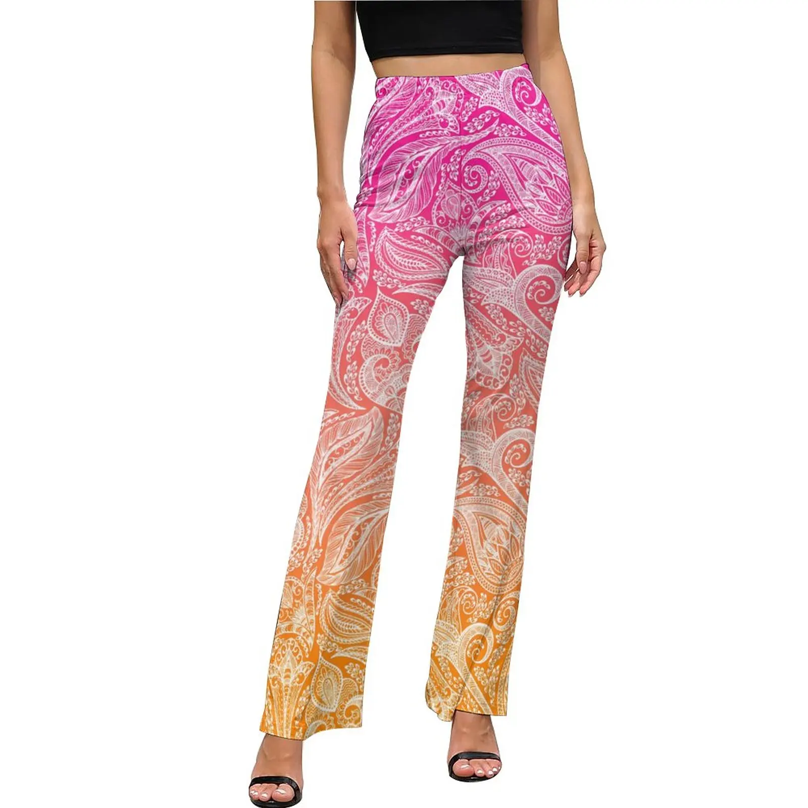 

White Paisley Pants Pink to Orange Ombre Sexy Flare Trousers Summer Womens Custom Streetwear Slim Pants
