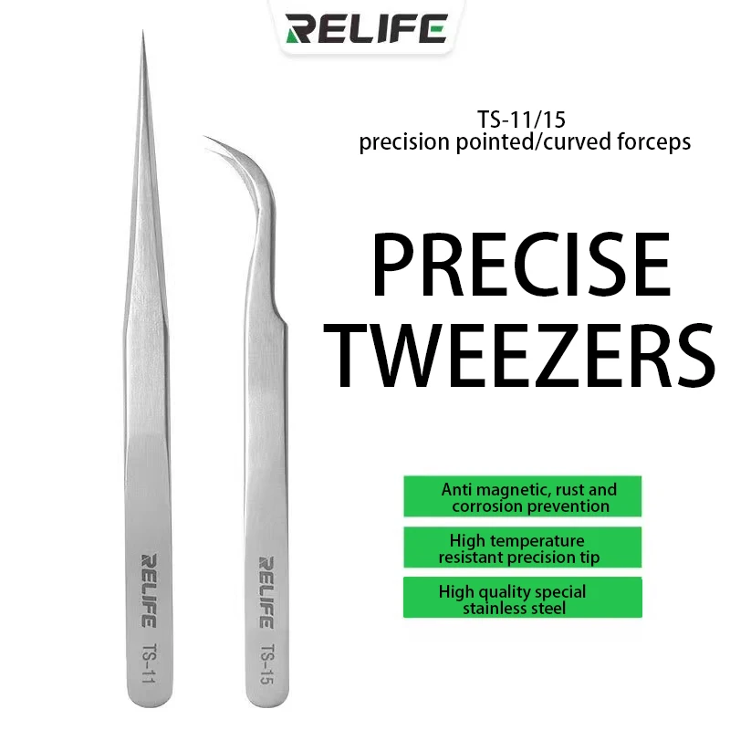 

RELIFE TS-11/15 High Hardness Stainless Steel Precision Pointed/Curved Tweezers Industrial Anti-Static Mobile Phone Repair Tool