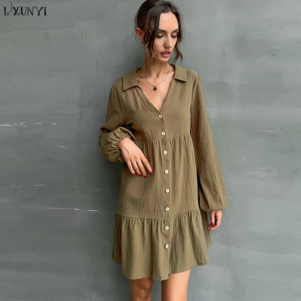 2023 European and American Women's New Lapel Pleated Solid Short Dress V Neck Casual Long Sleeve Loose Mini Dresses Female
2023 European and American Women's New Lapel Pleated Solid Short Dress V Neck Casual Long Sleeve Loose Mini Dresses Female