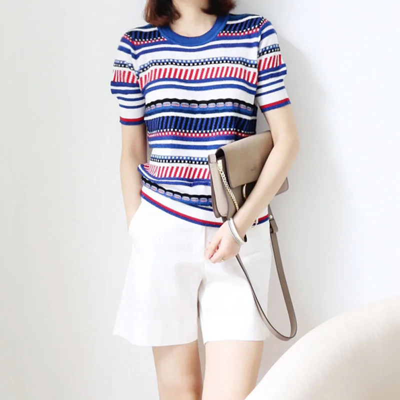 Female Loose Pullover Tops 2023 Summer Knitted Striped Tops High Quality Women's O-Neck Short Sleeve T-Shirts Office Lady Wears
Female Loose Pullover Tops 2023 Summer Knitted Striped Tops High Quality Women's O-Neck Short Sleeve T-Shirts Office Lady Wears