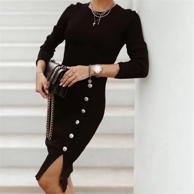 Fashion Single-breasted Button Side Hem Women Dresses O Neck Pullover British Style Knitted Dress Slim Fit Wrap Hip Female Gown
Fashion Single-breasted Button Side Hem Women Dresses O Neck Pullover British Style Knitted Dress Slim Fit Wrap Hip Female Gown