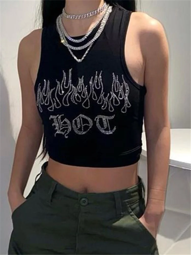 Summer Women Tank Tops Slim Gothic Rhinestone Letters Sleeveless O-neck Y2k Fashion Young Girl Casual Skinny Crop Top Black
Summer Women Tank Tops Slim Gothic Rhinestone Letters Sleeveless O-neck Y2k Fashion Young Girl Casual Skinny Crop Top Black