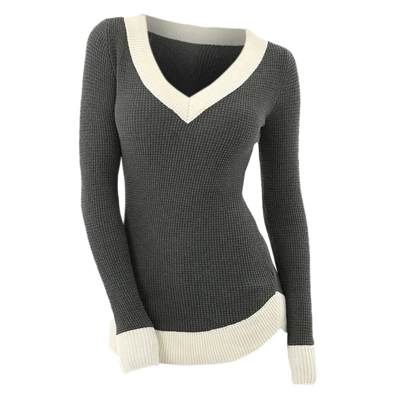

Contrasting Textured Long Sleeve Knitwear For Women Plunge Neck Ribbed Hem Knitted Tee Color Block Slim Basic Shirt