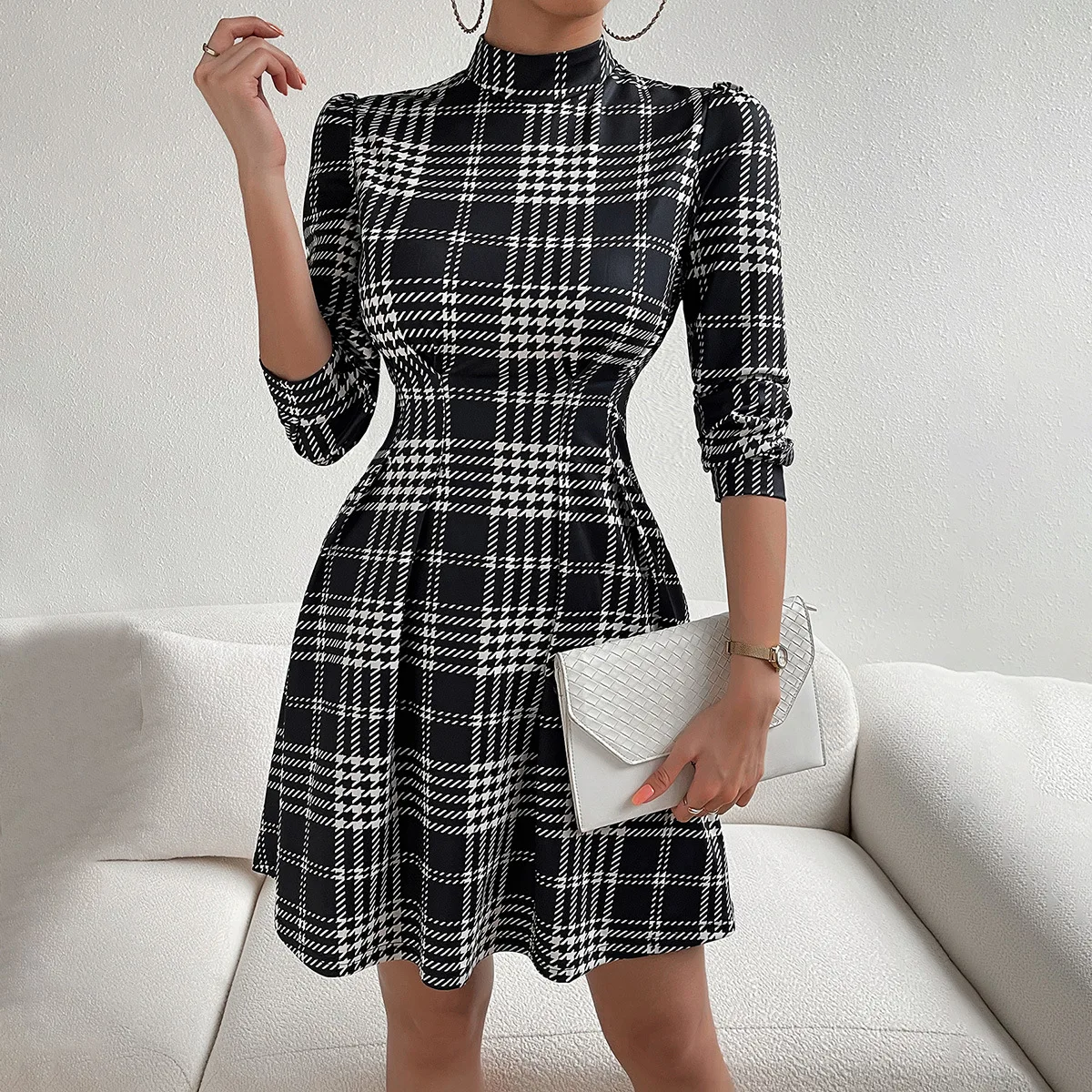 Women Dresses Summer Fashion Half High Collar Plaid Long Sleeved Waist Retraction Elegant Temperament Dress Short Dress
Women Dresses Summer Fashion Half High Collar Plaid Long Sleeved Waist Retraction Elegant Temperament Dress Short Dress
