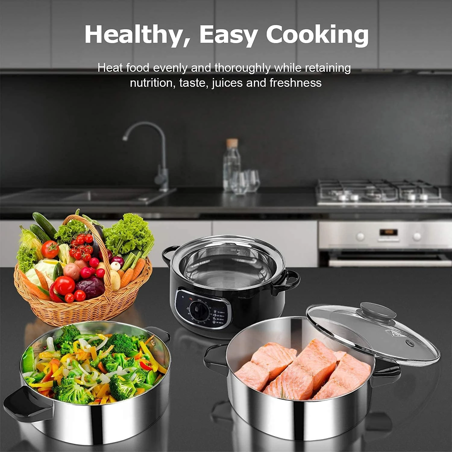 Stainless Steel Food Steamer 8.5 Qt Glass Lid Vegetable Steamer Double Tiered Stackable Baskets with Timer
Stainless Steel Food Steamer 8.5 Qt Glass Lid Vegetable Steamer Double Tiered Stackable Baskets with Timer