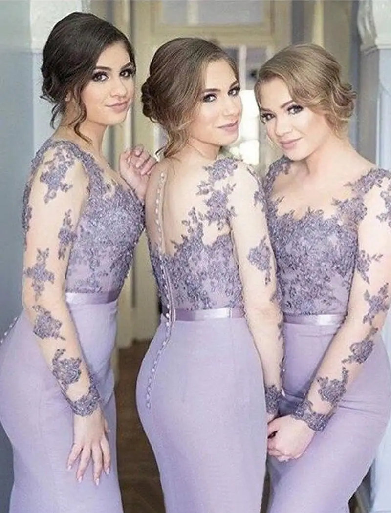 

New Lilac Bridesmaid Dresses Mermaid Long Sleeves Sweep Train Bridesmaids Gowns With Lace Applique Illusion Back Formal