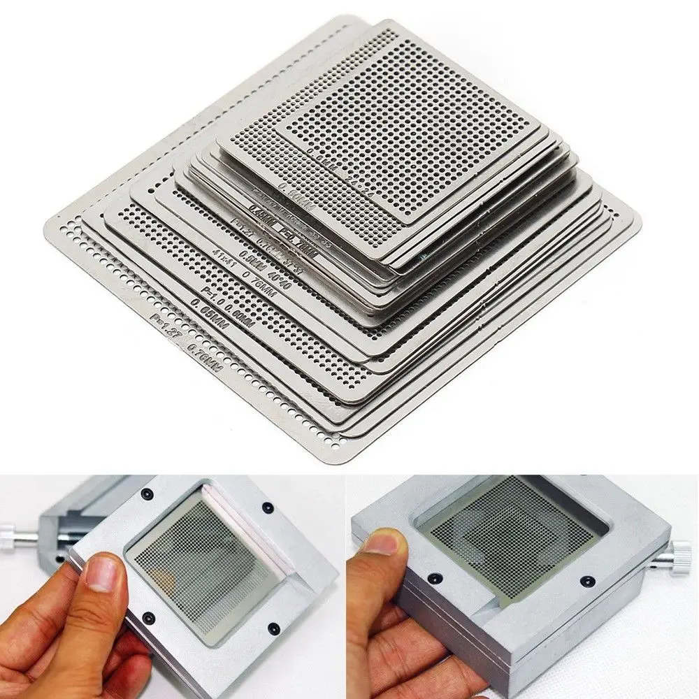 27PCS Universal BGA Reball Reballing Rework Net Stencil Directly Heat Parts Kit Soldering Welding Solder Wire Soldering Soudure
27PCS Universal BGA Reball Reballing Rework Net Stencil Directly Heat Parts Kit Soldering Welding Solder Wire Soldering Soudure