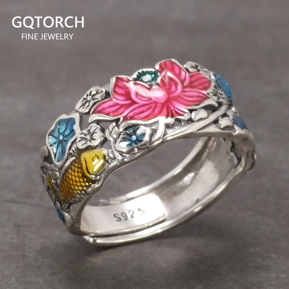 Sterling Silver S925 Women's Enamel Carp Lotus Ring Antique Hollowed Out National Style Jewelry
Sterling Silver S925 Women's Enamel Carp Lotus Ring Antique Hollowed Out National Style Jewelry