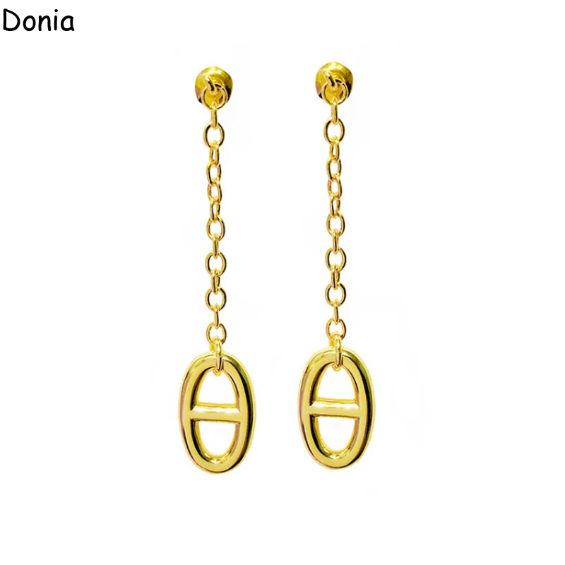 

Donia Jewelry European and American Fashion Pig Nose Smooth Titanium Steel Silver needle Luxury Retro Long Earrings