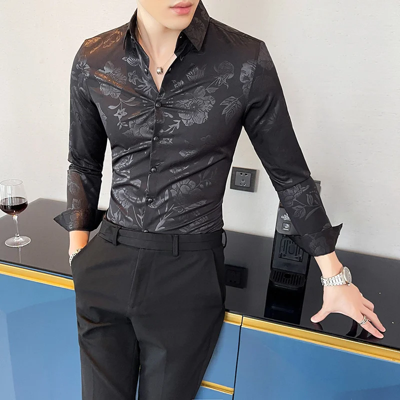 

2023 Mens Casual Luxury Print Dress Shirts Brand Mandarin Collar Paisley Slim Shirt Party Wedding Club Social Shirt White S-4XL