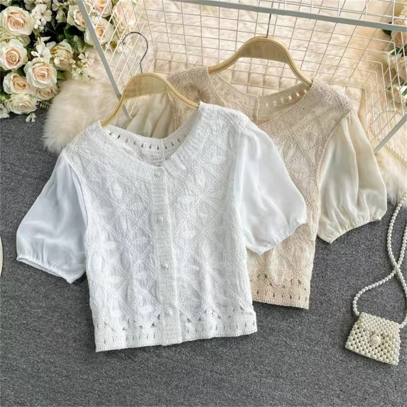 Puff Short Sleeve Tops Casual Creweck Loose Fit Solid Color Blouses Lace Embroidered Jacquard Trim Shirt for Women Girl
Puff Short Sleeve Tops Casual Creweck Loose Fit Solid Color Blouses Lace Embroidered Jacquard Trim Shirt for Women Girl