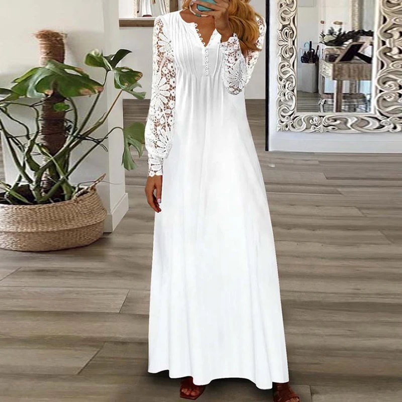 

Plain Fashion V Neck Buckle Long Dress Women 2023 Spring Embroidery Lace Sleeve Party Dress Sexy Hollow Draped Maxi Summer Dress