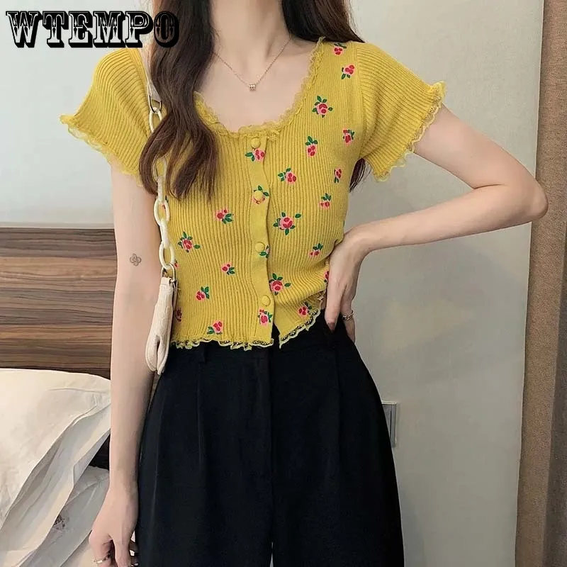 Floral Knitted Top Summer Short Sleeves Tshirt French Retro Embroidered Lace Edge Top Sweet Slim Women Clothing Button Up Shirts
Floral Knitted Top Summer Short Sleeves Tshirt French Retro Embroidered Lace Edge Top Sweet Slim Women Clothing Button Up Shirts