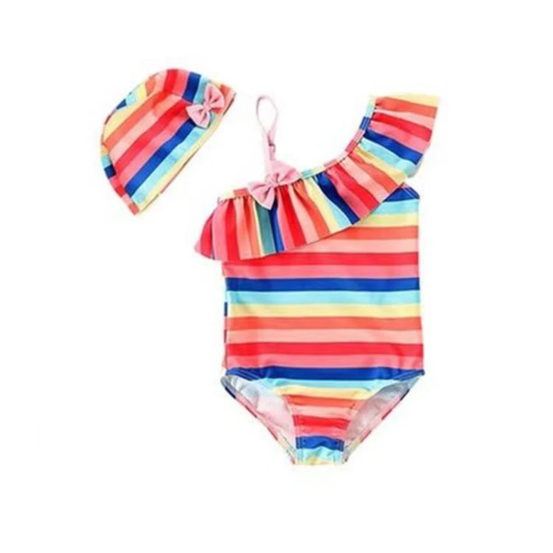 

Cute Girls Swimsuit Bodysuit One-piece+hat Summer Baby Girl Bow Color Stripe Swimwear Set Toddle Kids Beach Swimming Clothes