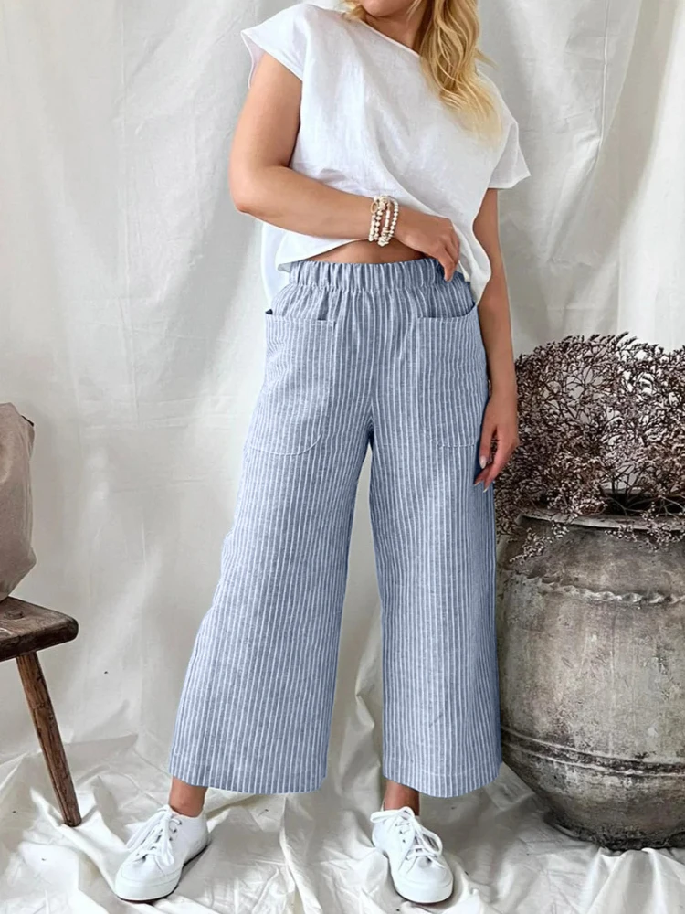 Women's Fashion Cotton Hemp Long Pants Casual Solid Color Pocket Elastic Waist Wide Leg Trousers Female
Women's Fashion Cotton Hemp Long Pants Casual Solid Color Pocket Elastic Waist Wide Leg Trousers Female