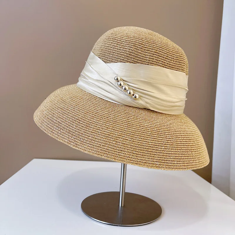 

Ladies Sun Hats Down Brim Cloche Women Summer Hats Khaki Wide Brim Sun Hat Ribbon Band Pearls Beach hats church party Derby hat