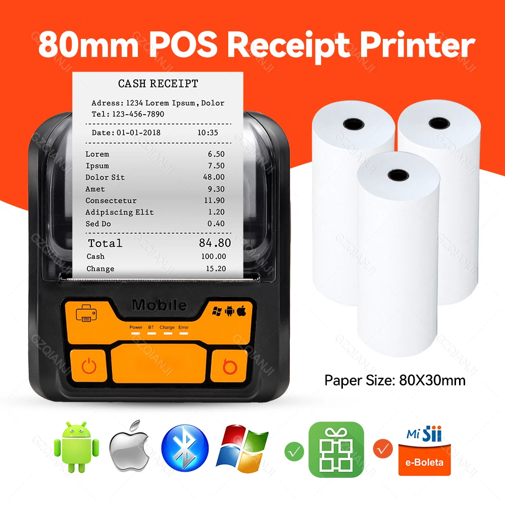 80mm 3'' Wireless POS Mini Portable Thermal Receipt Printer POS Printer with USB Bluetooth for Hotel Kitchen Restaurant
80mm 3'' Wireless POS Mini Portable Thermal Receipt Printer POS Printer with USB Bluetooth for Hotel Kitchen Restaurant