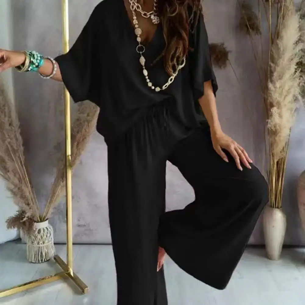 Women Casual Outfit Stylish Women's Summer V-neck Batwing Tops Wide Leg Pants Set Loose Fit Casual Outfit with Elastic
Women Casual Outfit Stylish Women's Summer V-neck Batwing Tops Wide Leg Pants Set Loose Fit Casual Outfit with Elastic