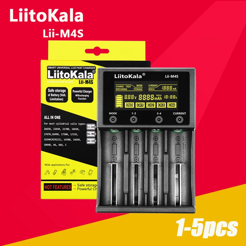 

1-5PCS LiitoKala Lii-M4S 18650 Smart Charger LCD Display for 26650 21700 32650 18500 20700 21700 16340 CR123A AA AAA battery