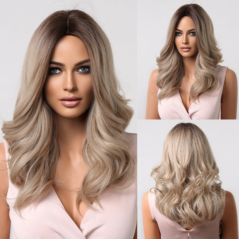 

Brown Ombre Platinum Synthetic Wigs Medium Length Wavy Hair Wigs Middle Part for Women Afro Cosplay Wig Heat Resistant Fiber