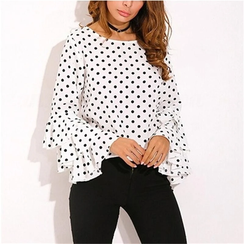 

Women's Shirt 2022 New Fashion All-Match Ol Shirts Layered Trumpet Sleeve Round Collar Polka Dot Shirt Ropa Mujer