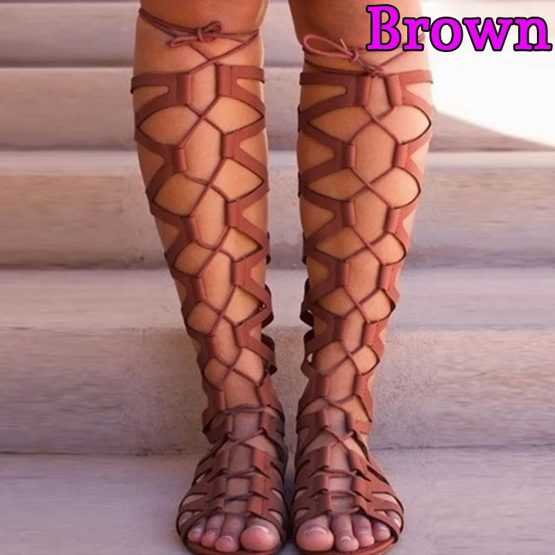 Fashion Rome Shies Women Sandals Thong Bandage Bohemian Beach Shoes Summer Knee High Flat Plus Size |