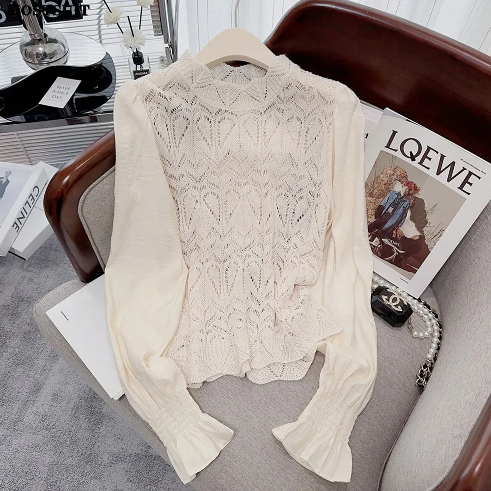 Hollow Knitted Sweater Blouse Women Chiffon Sleeve O-neck Patchwork Pullover Tops Stylish Elegant Workwear Ladies Jumpers Shirt 
Hollow Knitted Sweater Blouse Women Chiffon Sleeve O-neck Patchwork Pullover Tops Stylish Elegant Workwear Ladies Jumpers Shirt